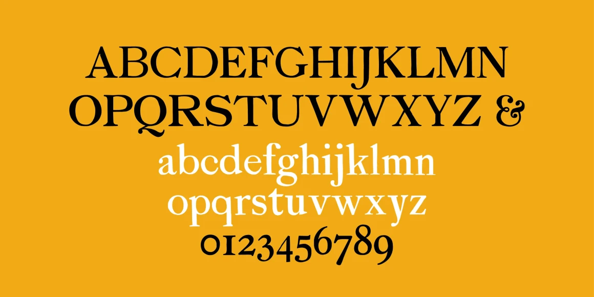 Sherwood font by P22 Type Foundry — the uppercase alphabet in black serif letters, followed by the lowercase alphabet in white serif letters, and the numbers 0 through 9 in black serif numerals, all centered on a solid yellow background
