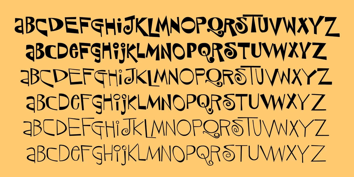 Sniplash font by P22 Type Foundry — six stacked rows of the uppercase alphabet from A to Z in a whimsical, retro cartoon style with curly details and irregular weights on a light orange background