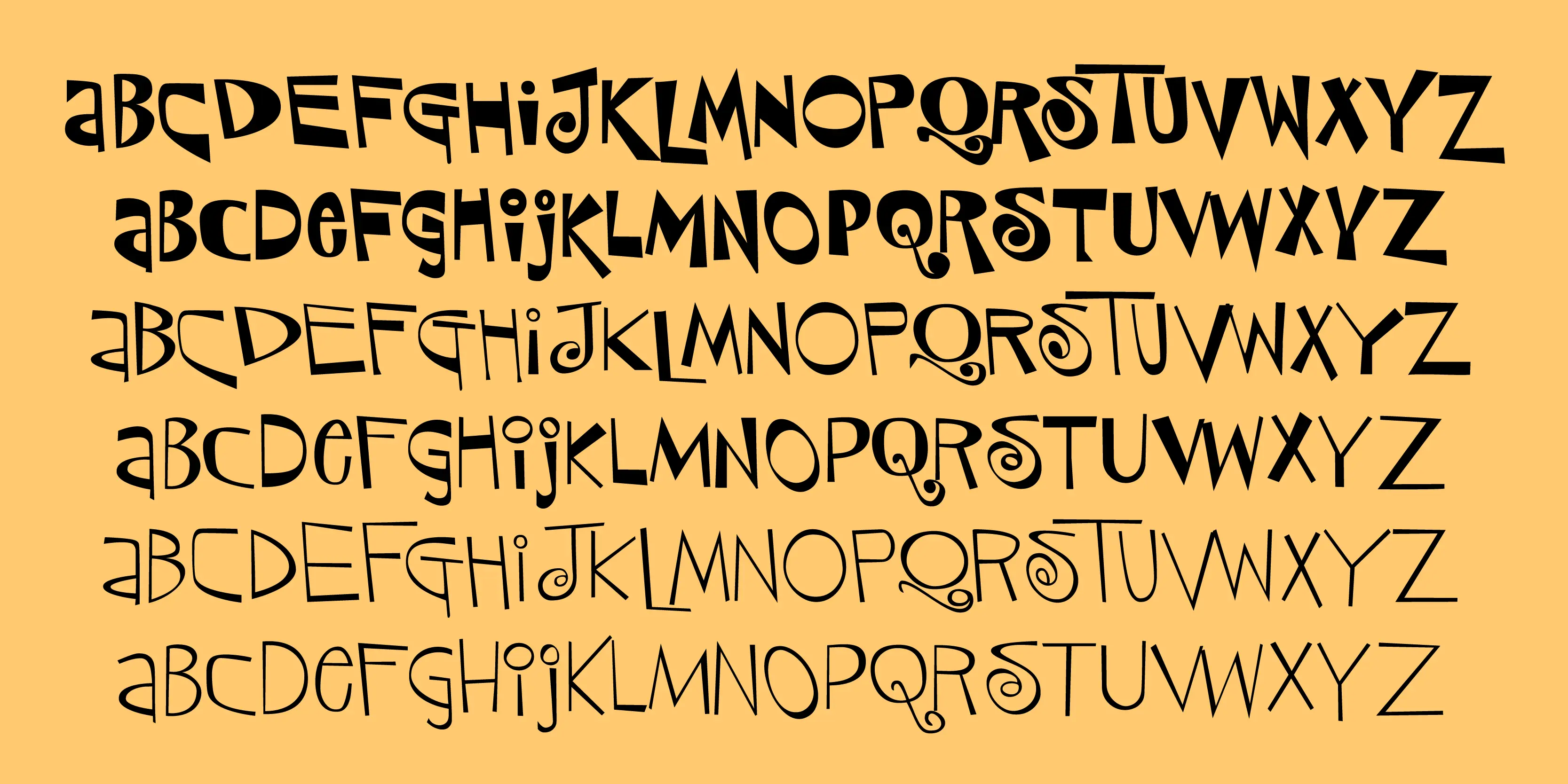 Sniplash font by P22 Type Foundry — six stacked rows of the uppercase alphabet from A to Z in a whimsical, retro cartoon style with curly details and irregular weights on a light orange background