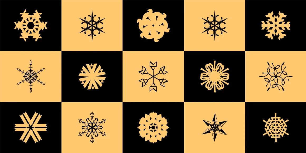 Snowflakes font by P22 Type Foundry — a checkerboard grid of black and light orange squares, each containing a unique stylized snowflake icon