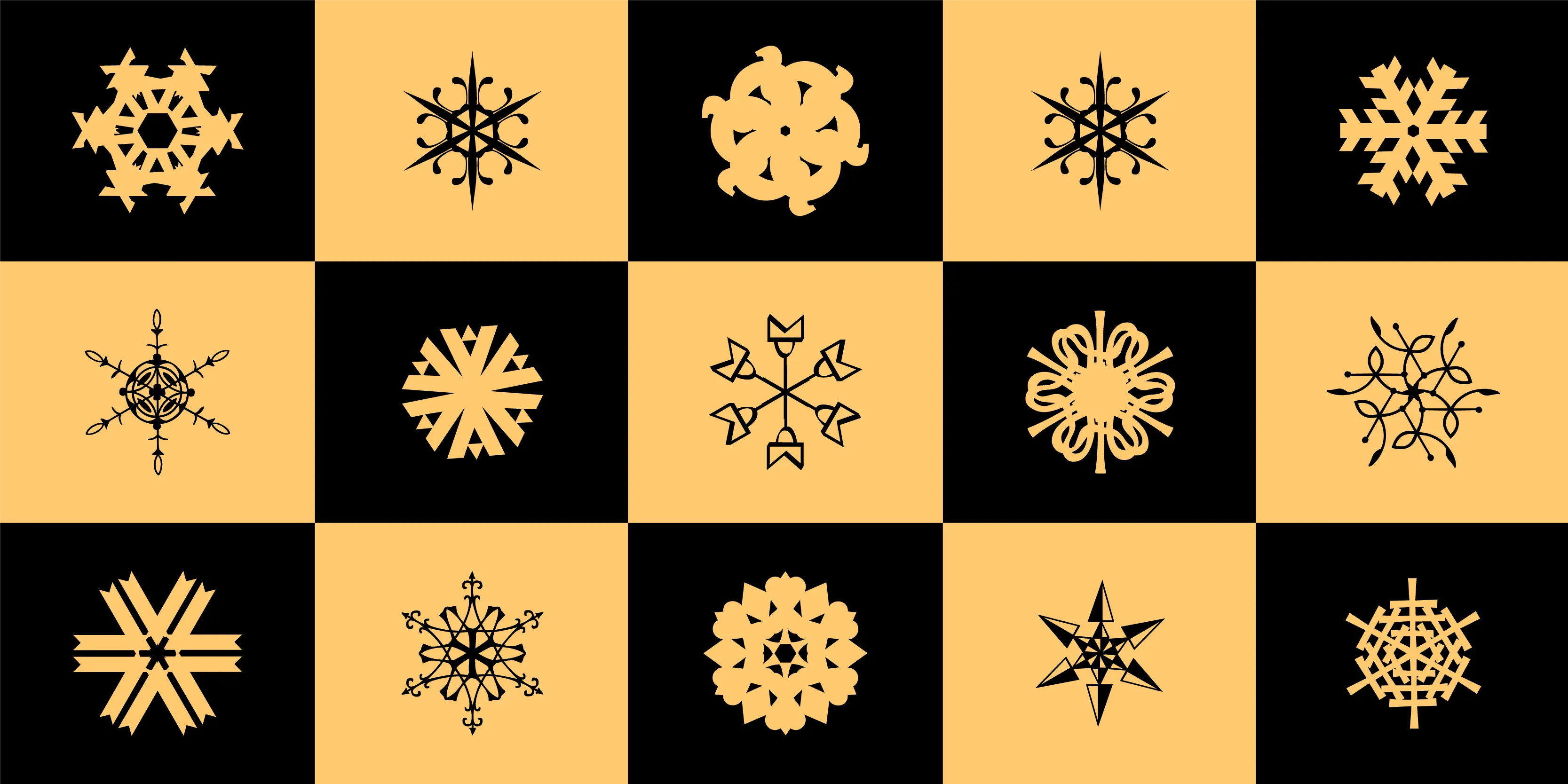 Snowflakes font by P22 Type Foundry — a checkerboard grid of black and light orange squares, each containing a unique stylized snowflake icon
