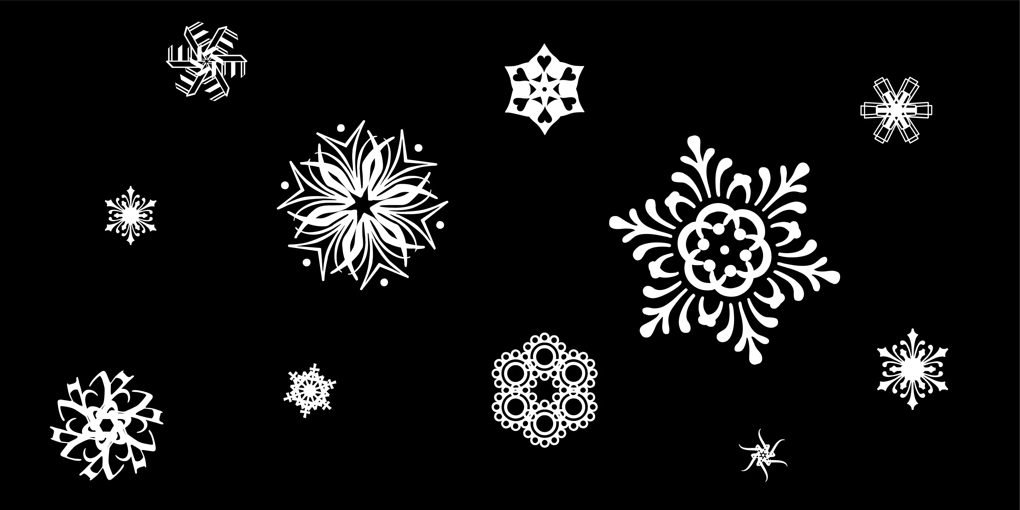 Snowflakes font by P22 Type Foundry — an assortment of white, highly detailed and stylized snowflake icons scattered across a solid black background
