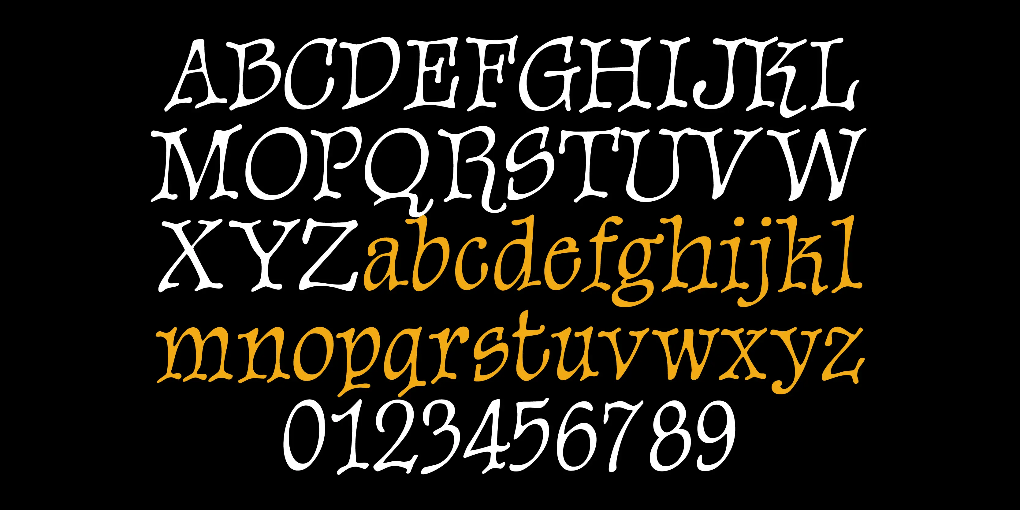 Sparrow font by P22 Type Foundry — the uppercase alphabet in white, the lowercase alphabet in orange, and the numerals 0 through 9 in white, all set in a hand-drawn serif typeface on a black background