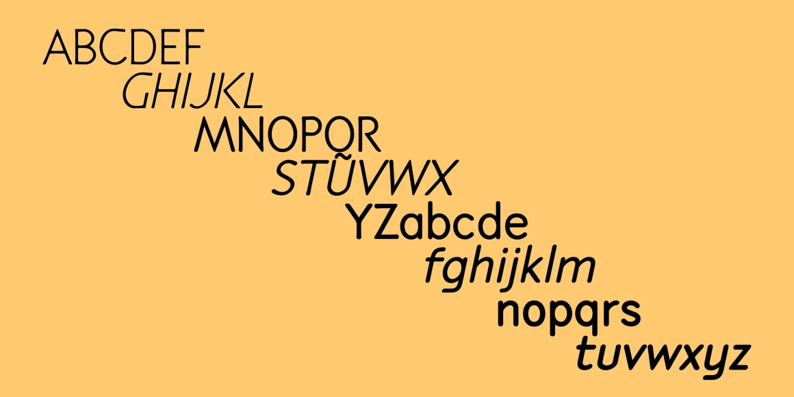 Speyside font by P22 Type Foundry — the letters of the alphabet in uppercase and lowercase, arranged in a descending diagonal staircase pattern on a yellow background, alternating between upright and italic sans-serif letterforms
