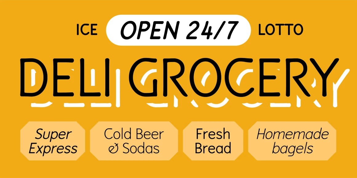 Speyside font by P22 Type Foundry — the words DELI GROCERY in a rounded sans-serif font on a yellow background, with a white pill-shaped badge reading OPEN 24/7, flanked by ICE and LOTTO, and four octagonal badges below reading Super Express, Cold Beer & Sodas, Fresh Bread, and Homemade bagels
