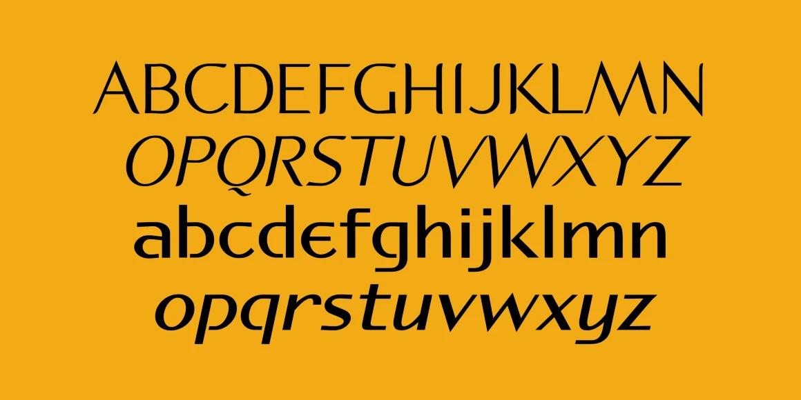 Spiggie font by P22 Type Foundry — the letters of the alphabet in black on a yellow background, showing upright and italic styles in both uppercase and lowercase