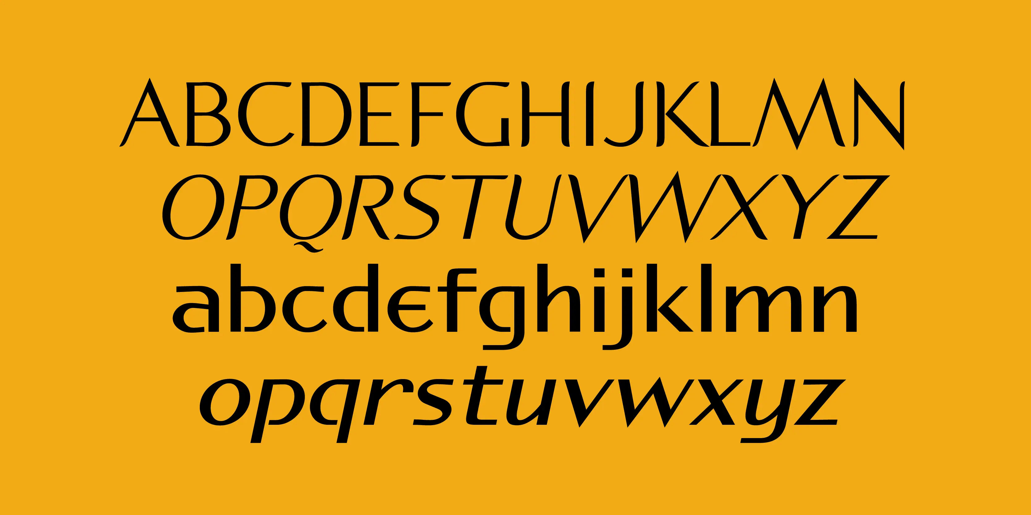 Spiggie font by P22 Type Foundry — the letters of the alphabet in black on a yellow background, showing upright and italic styles in both uppercase and lowercase