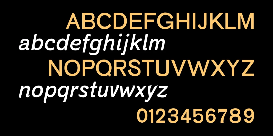 St. G. Schrift font by P22 Type Foundry — the letters A through M in orange sans-serif capitals, the letters a through m in white sans-serif italics, the letters N through Z in orange sans-serif capitals, the letters n through z in white sans-serif italics, and the numbers 0 through 9 in orange sans-serif, all set against a black background