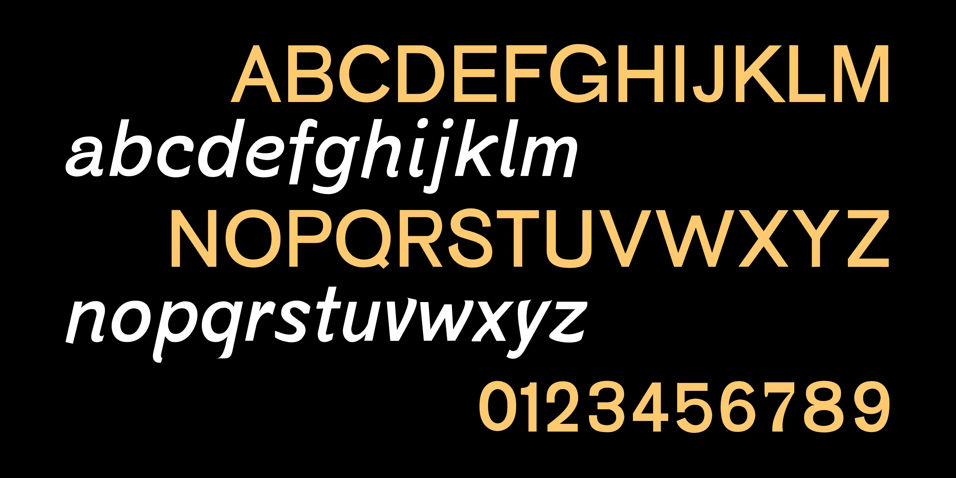 St. G. Schrift font by P22 Type Foundry — the letters A through M in orange sans-serif capitals, the letters a through m in white sans-serif italics, the letters N through Z in orange sans-serif capitals, the letters n through z in white sans-serif italics, and the numbers 0 through 9 in orange sans-serif, all set against a black background