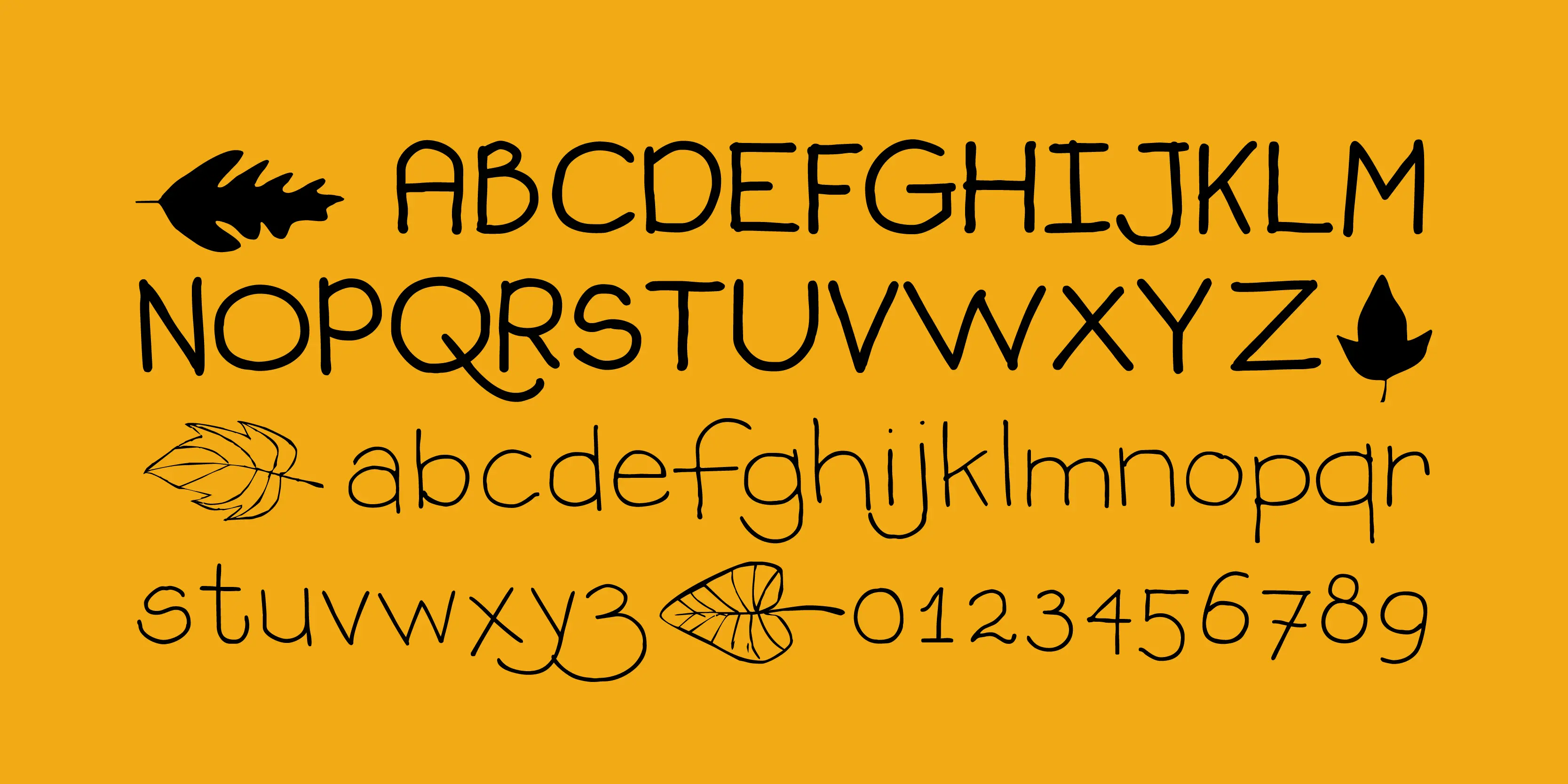 Stanyan Autumn font by P22 Type Foundry — the uppercase and lowercase alphabet, numbers 0 through 9, and several leaf illustrations in a casual hand-drawn style on a yellow background