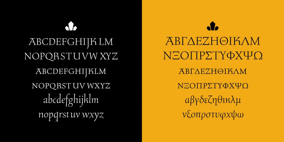 Stern font by P22 Type Foundry — a split black and yellow banner showing Latin alphabets on the left and Greek alphabets on the right, topped by three-pointed crown icons