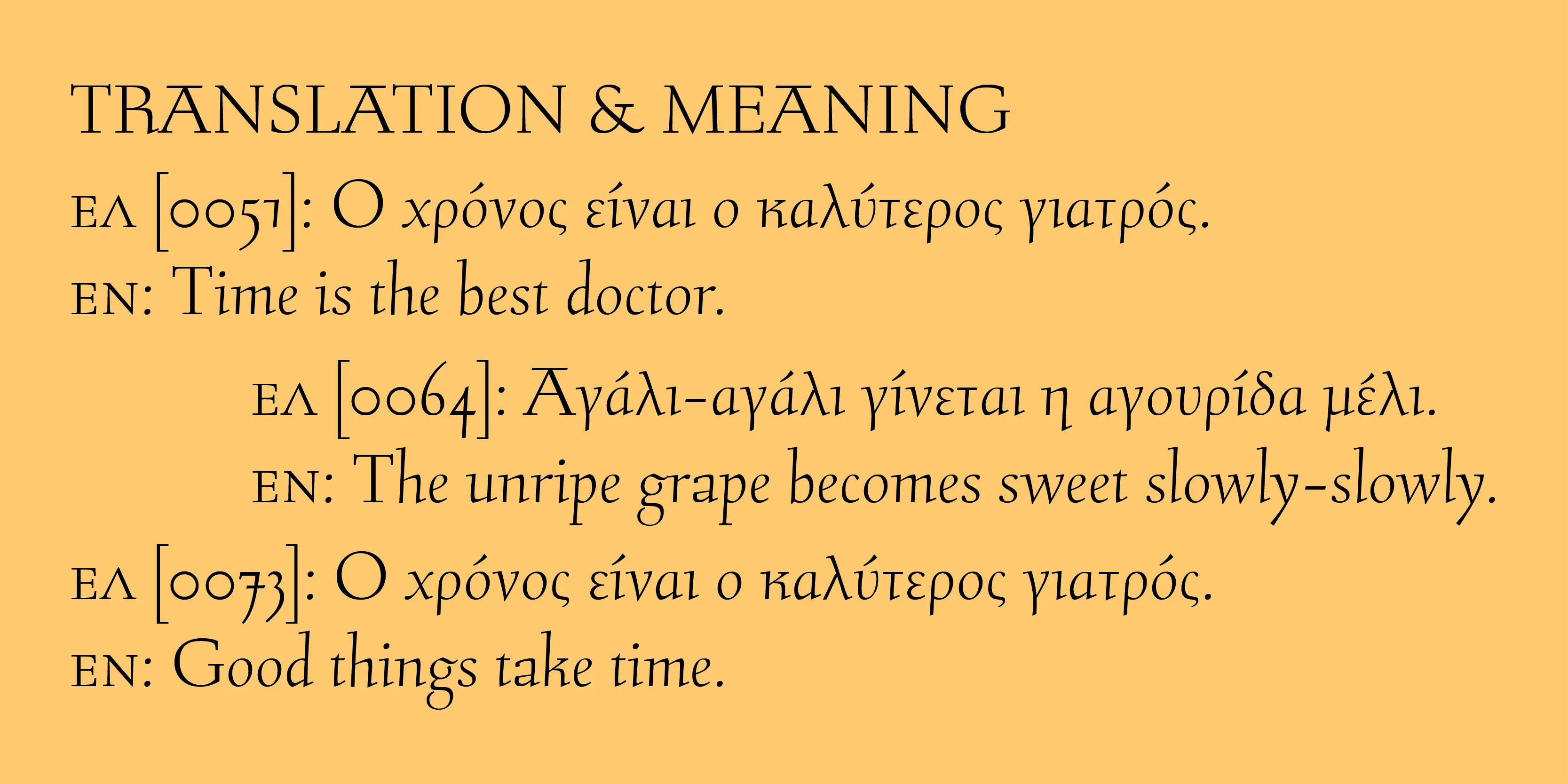 Stern font by P22 Type Foundry — the words TRANSLATION & MEANING in a serif typeface above Greek and English phrases on a light orange background