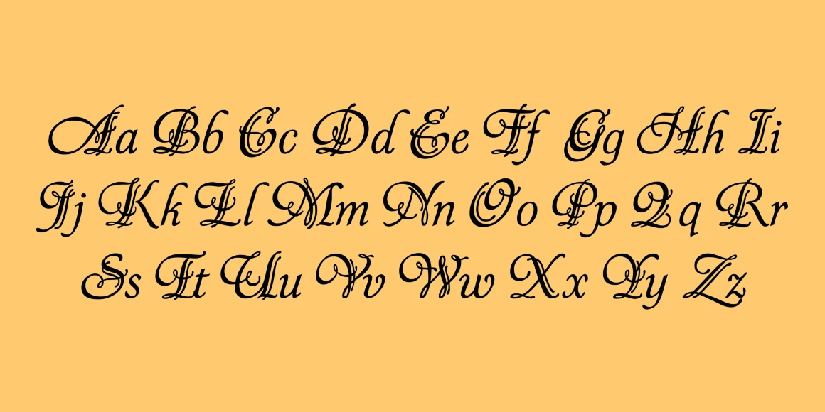 Symphony font by P22 Type Foundry — the complete alphabet from A to Z shown in uppercase and lowercase pairs in a decorative, calligraphic script style on a yellow background