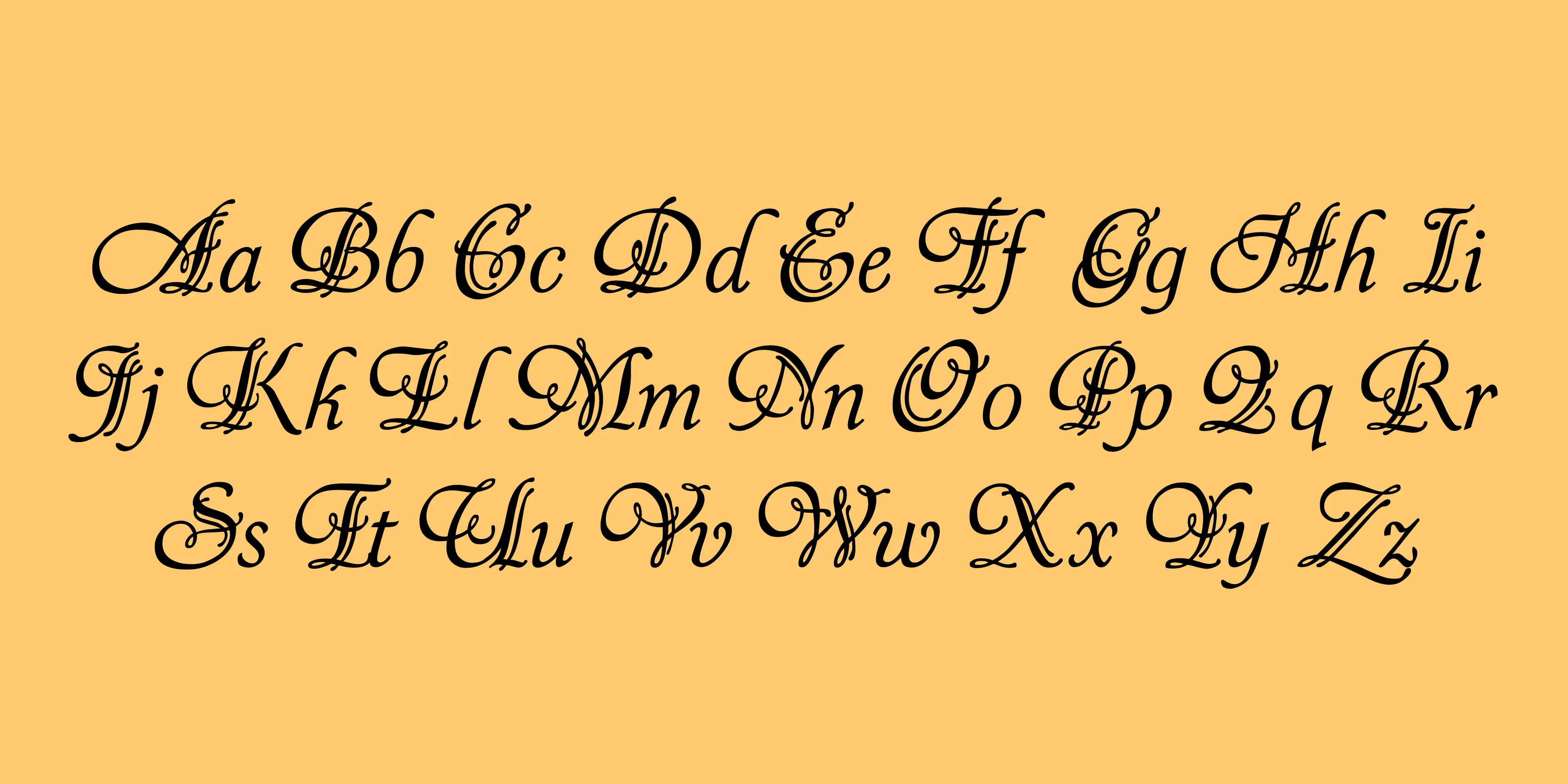 Symphony font by P22 Type Foundry — the complete alphabet from A to Z shown in uppercase and lowercase pairs in a decorative, calligraphic script style on a yellow background