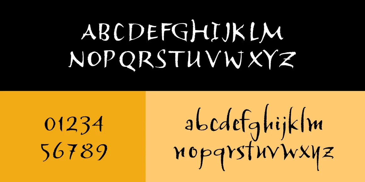 Tai Chi font by P22 Type Foundry — the uppercase alphabet in white on a black background, the numbers 0 through 9 on a dark yellow background, and the lowercase alphabet on a light yellow background, all in a textured calligraphic script