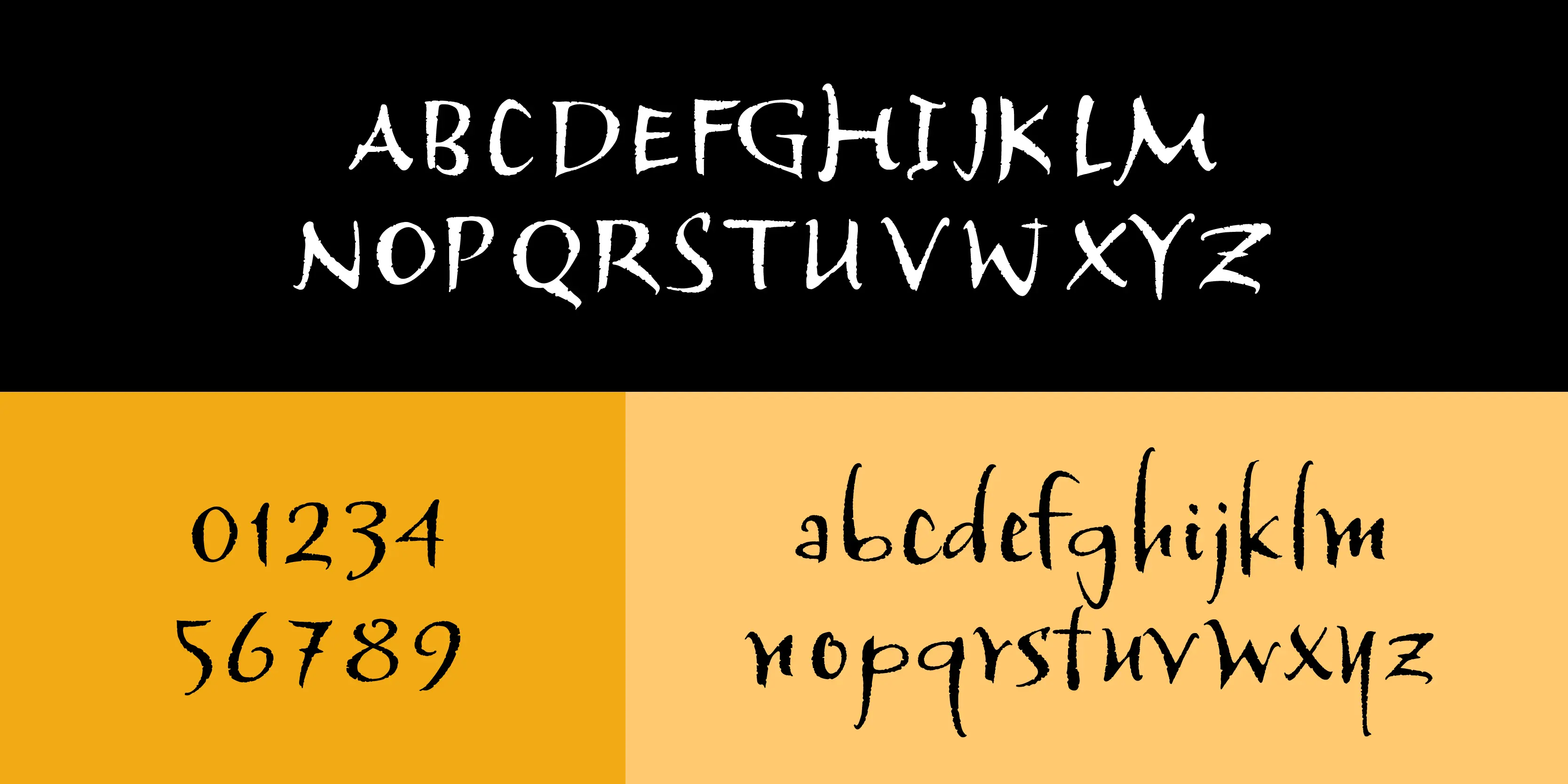 Tai Chi font by P22 Type Foundry — the uppercase alphabet in white on a black background, the numbers 0 through 9 on a dark yellow background, and the lowercase alphabet on a light yellow background, all in a textured calligraphic script