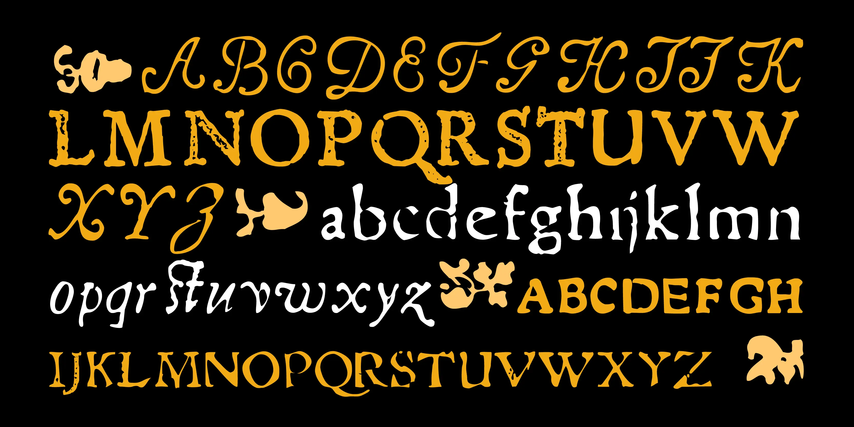 Telegdi font by P22 Type Foundry — an alphabet of distressed, historical-style letters in yellow and white on a black background, interspersed with small decorative leaf and floral ornaments