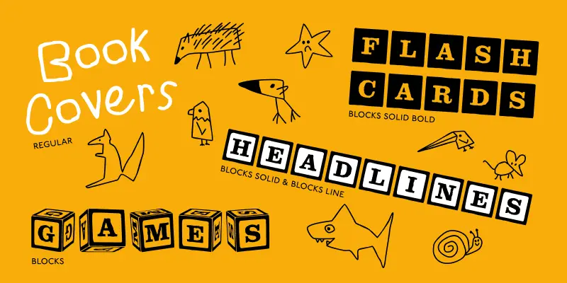 ToyBox font by P22 Type Foundry — the words Book Covers, FLASH CARDS, HEADLINES, and GAMES in child-like hand-drawn lettering, toy block styles, and outline blocks, surrounded by simple line drawings of animals including a shark, a snail, and a mouse on a yellow background