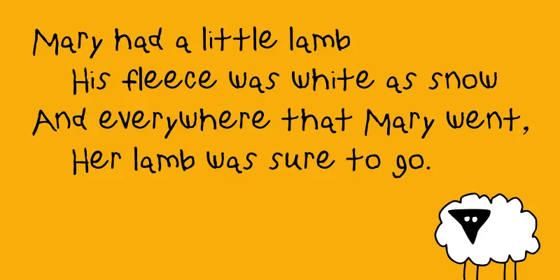 ToyBox font by P22 Type Foundry — the nursery rhyme Mary had a little lamb in a childlike, hand-drawn sans-serif font on an orange background, with a simple cartoon drawing of a sheep in the bottom right corner