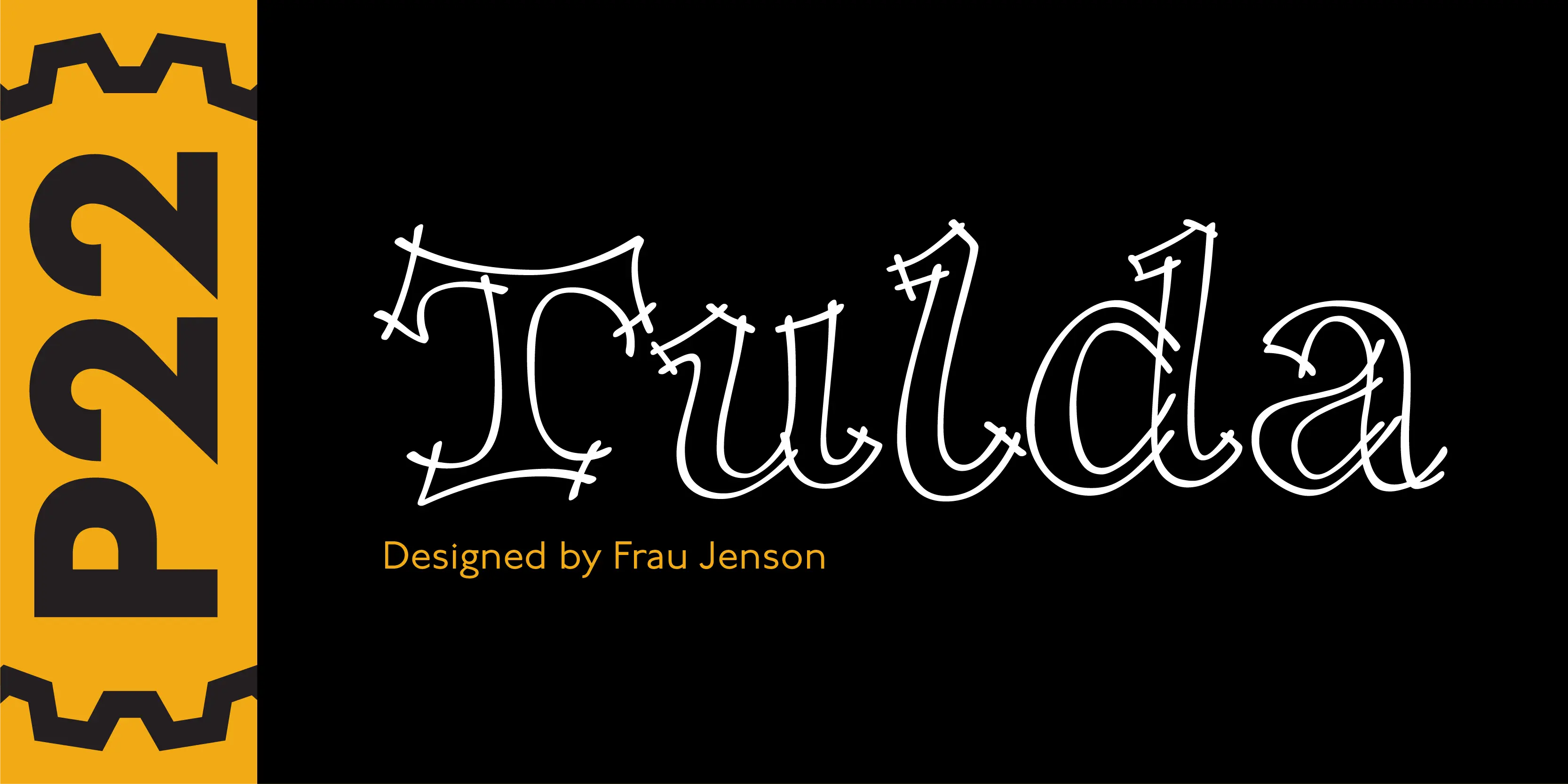 Tulda font by P22 Type Foundry — the word Tulda in a white, hand-drawn outline script on a black background, with the text Designed by Frau Jenson below, and a yellow vertical bar on the left containing the text P22 inside brackets