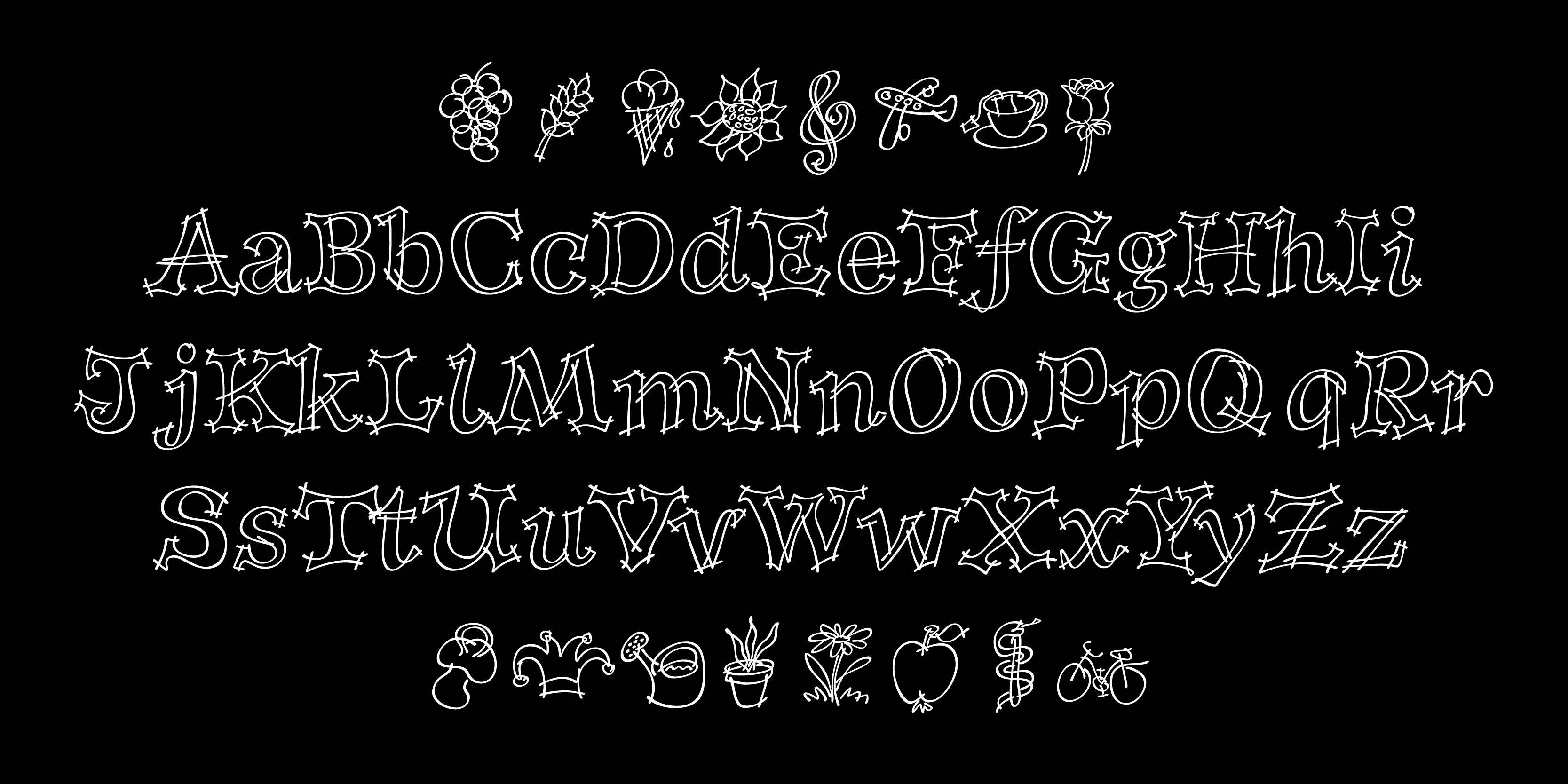Tulda font by P22 Type Foundry — the alphabet from A to Z in uppercase and lowercase pairs of hand-drawn, outlined letters with sketchy cross-hatch details, flanked by rows of small hand-drawn icons including grapes, a sunflower, a watering can, and a bicycle on a black background