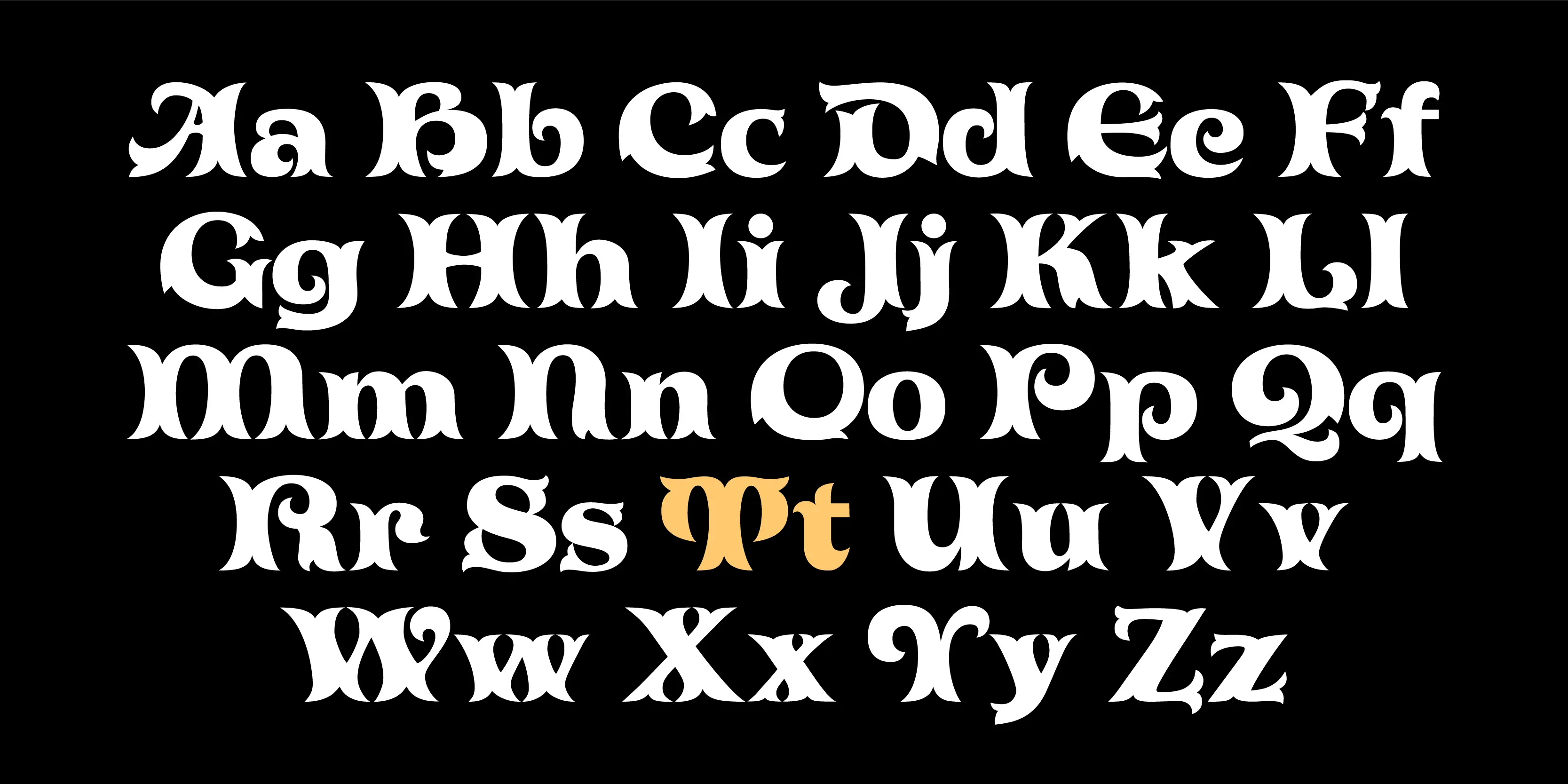 Tuscaloosa font by P22 Type Foundry — the alphabet from A to Z in uppercase and lowercase pairs, rendered in a decorative, high-contrast Tuscan script on a black background, with the letters T and t highlighted in orange