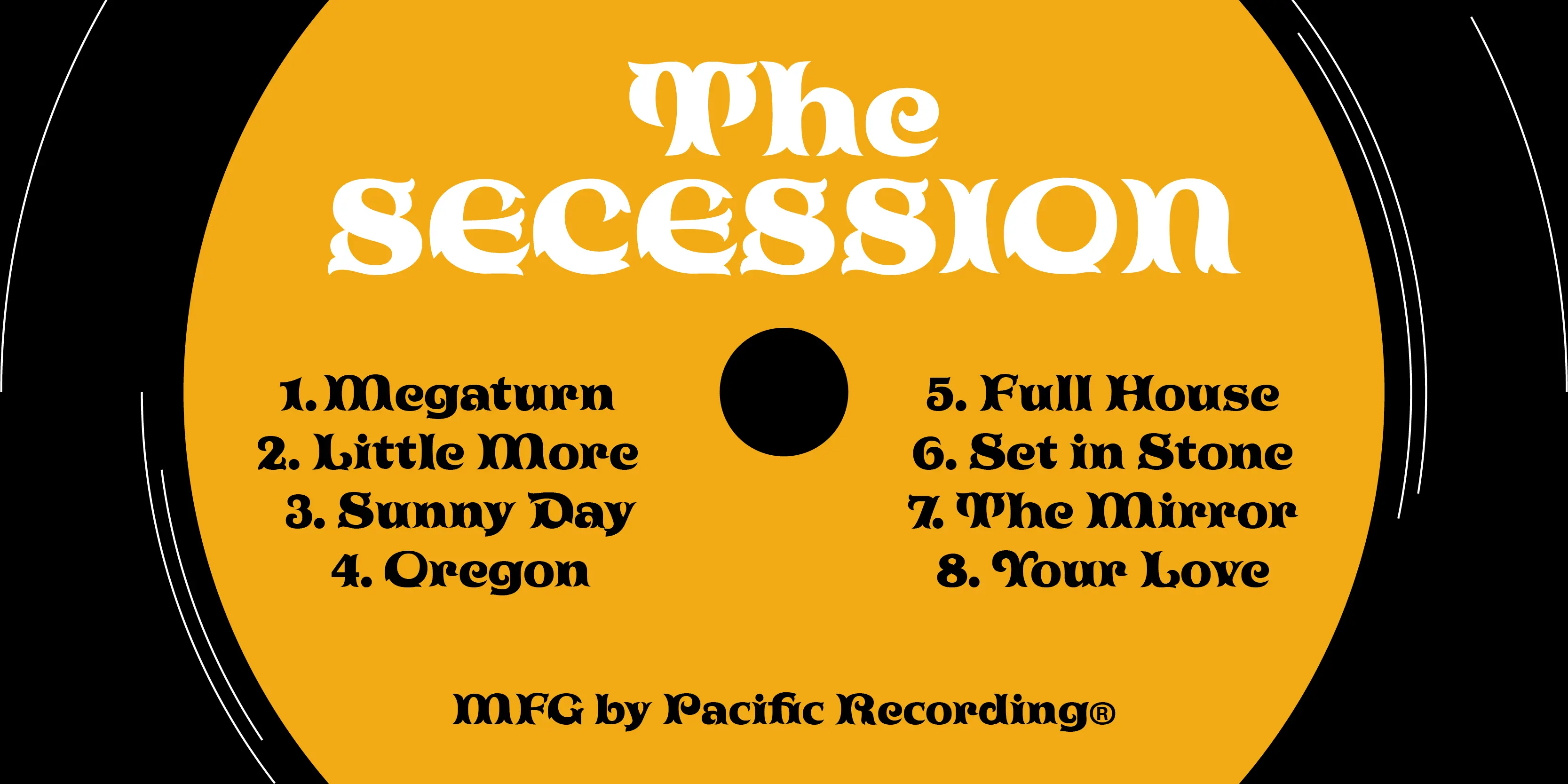 Tuscaloosa font by P22 Type Foundry — the words The Secession in a white, high-contrast serif typeface with bifurcated terminals, set on a yellow vinyl record label with a tracklist numbered one through eight in black lettering