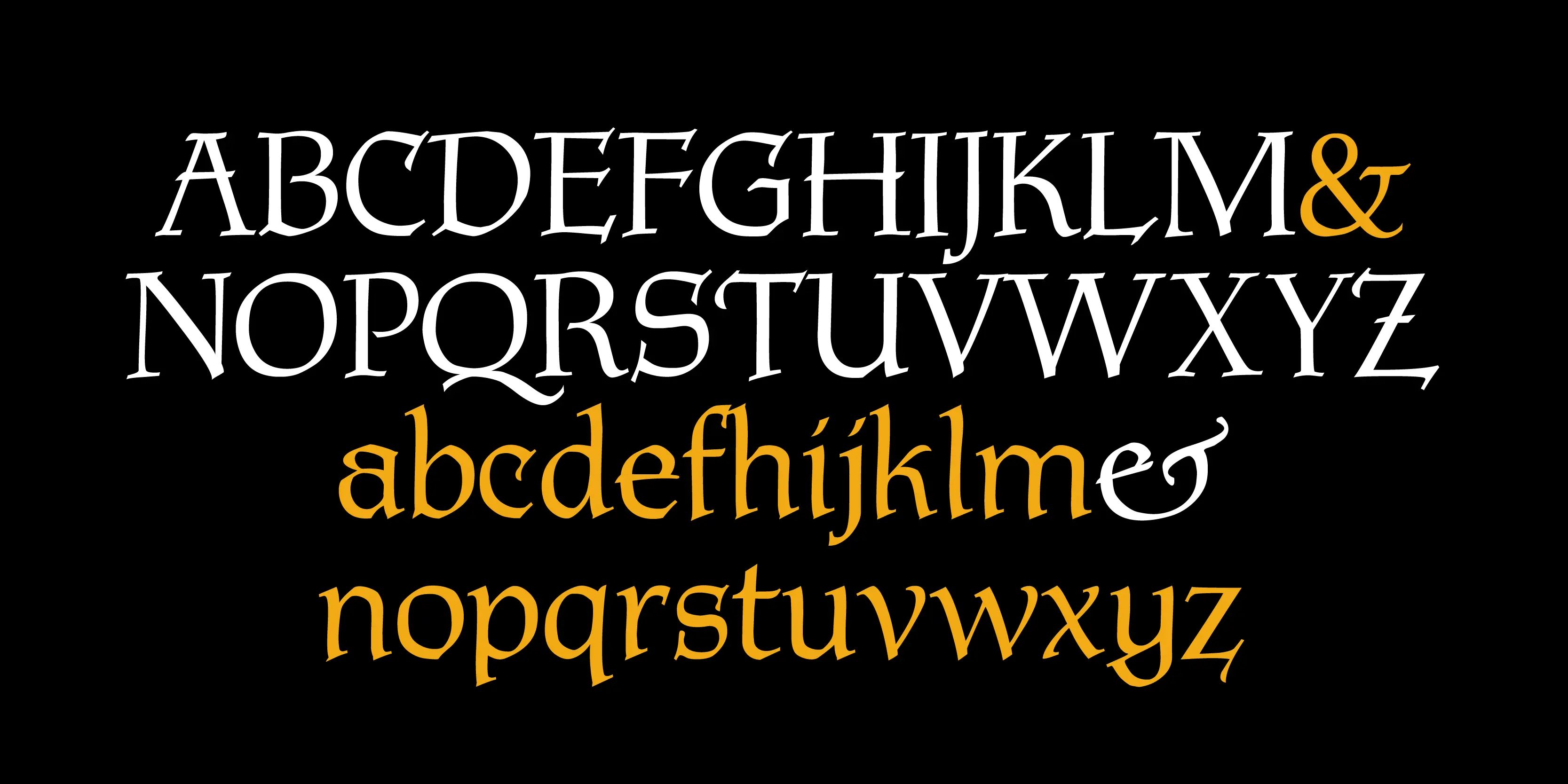 Tyndale font by P22 Type Foundry — the uppercase alphabet in white with an orange ampersand, followed by the lowercase alphabet in orange with a white swash on the letter e, all in a sharp, calligraphic serif typeface on a black background