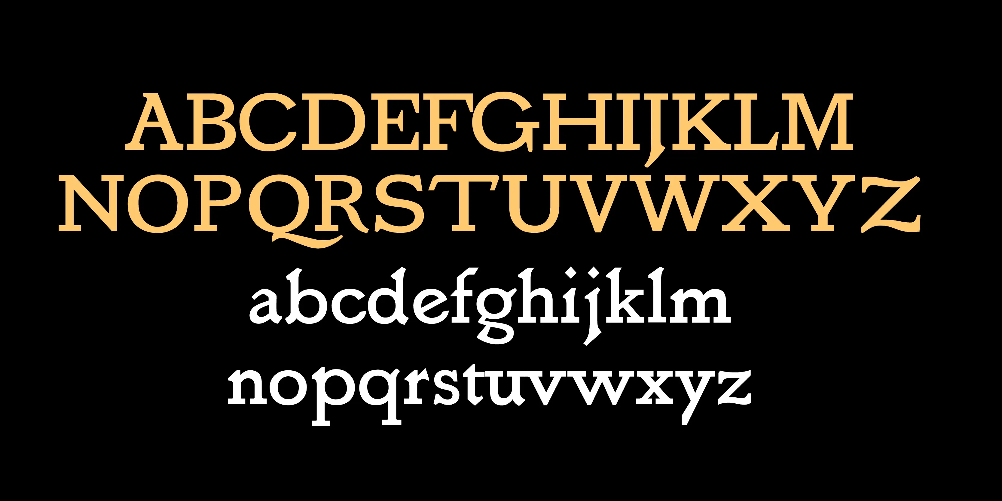 Vale font by P22 Type Foundry — the uppercase alphabet in a golden serif typeface, stacked above the lowercase alphabet in a white serif typeface, all set against a black background