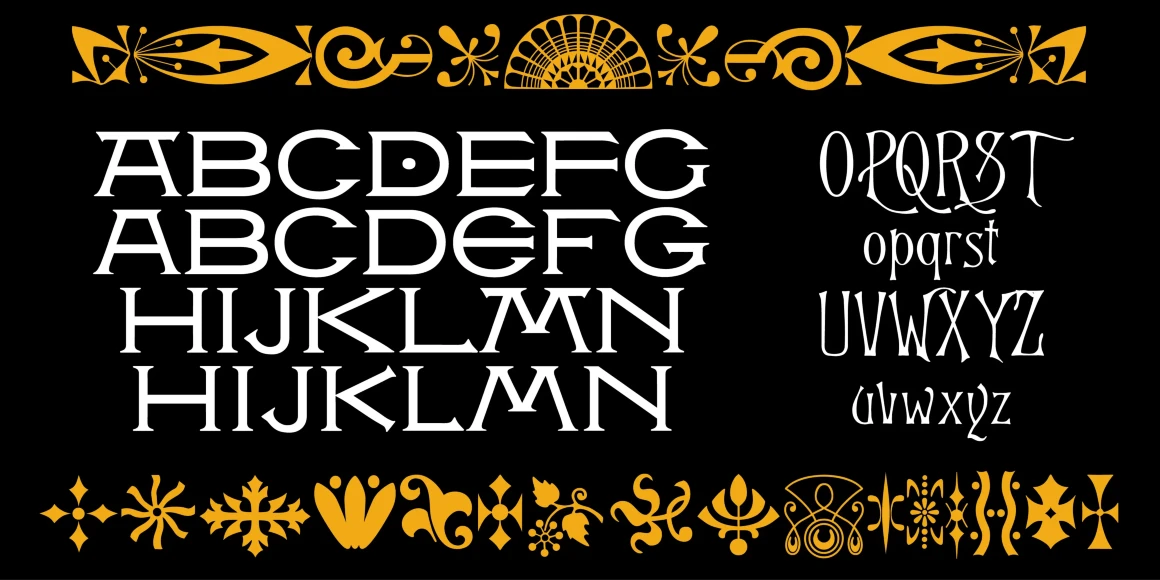 Victorian font by P22 Type Foundry — white letters of the alphabet in wide serif and narrow swash styles, framed by rows of golden Victorian ornaments on a black background