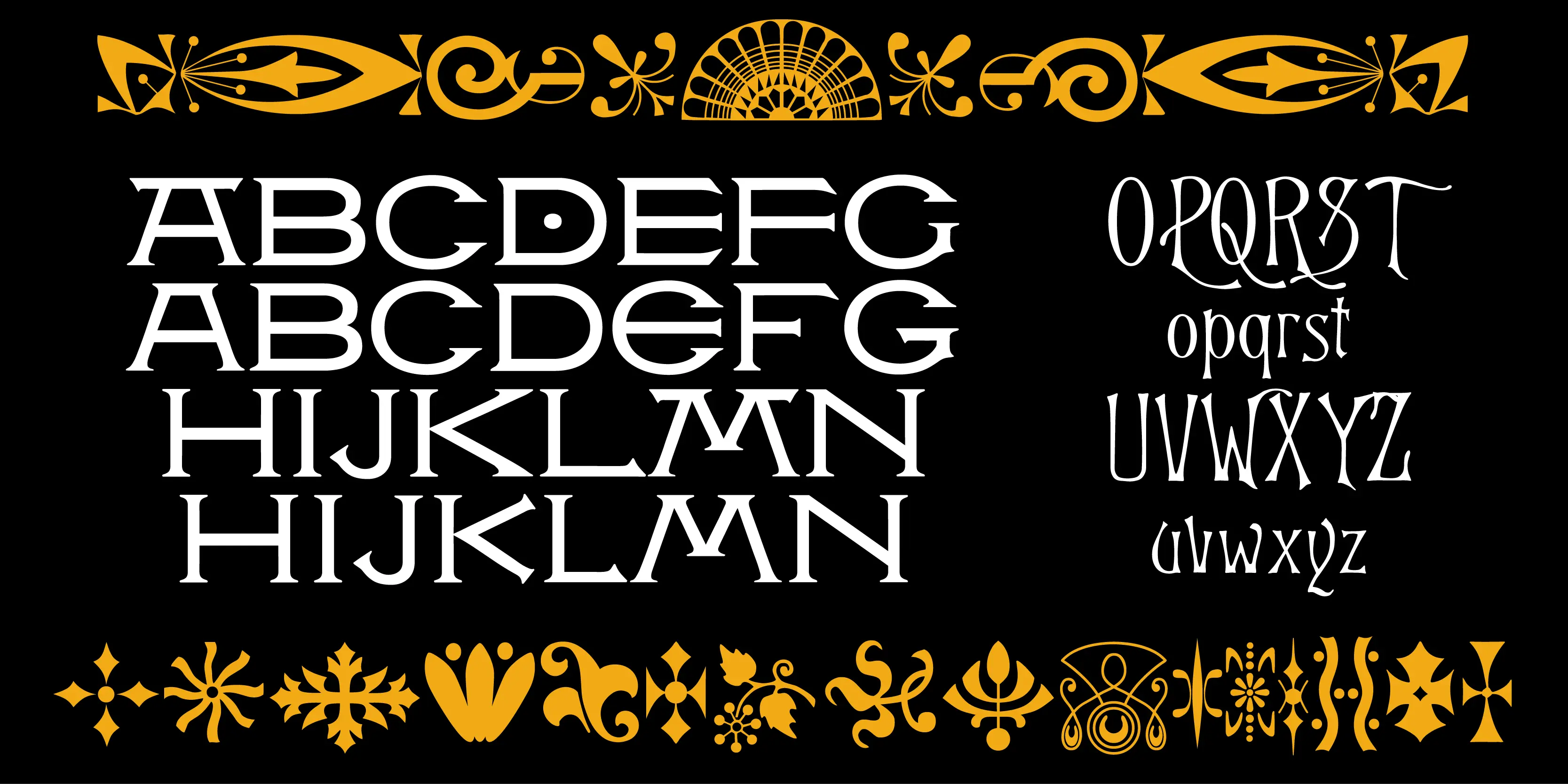 Victorian font by P22 Type Foundry — white letters of the alphabet in wide serif and narrow swash styles, framed by rows of golden Victorian ornaments on a black background