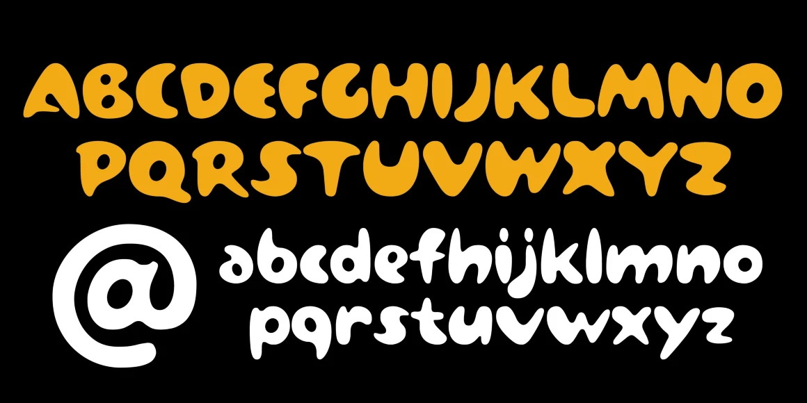 Vidro font by P22 Type Foundry — the uppercase alphabet in yellow and the lowercase alphabet with an at sign in white, all in a soft, fluid, and irregular sans-serif style on a black background