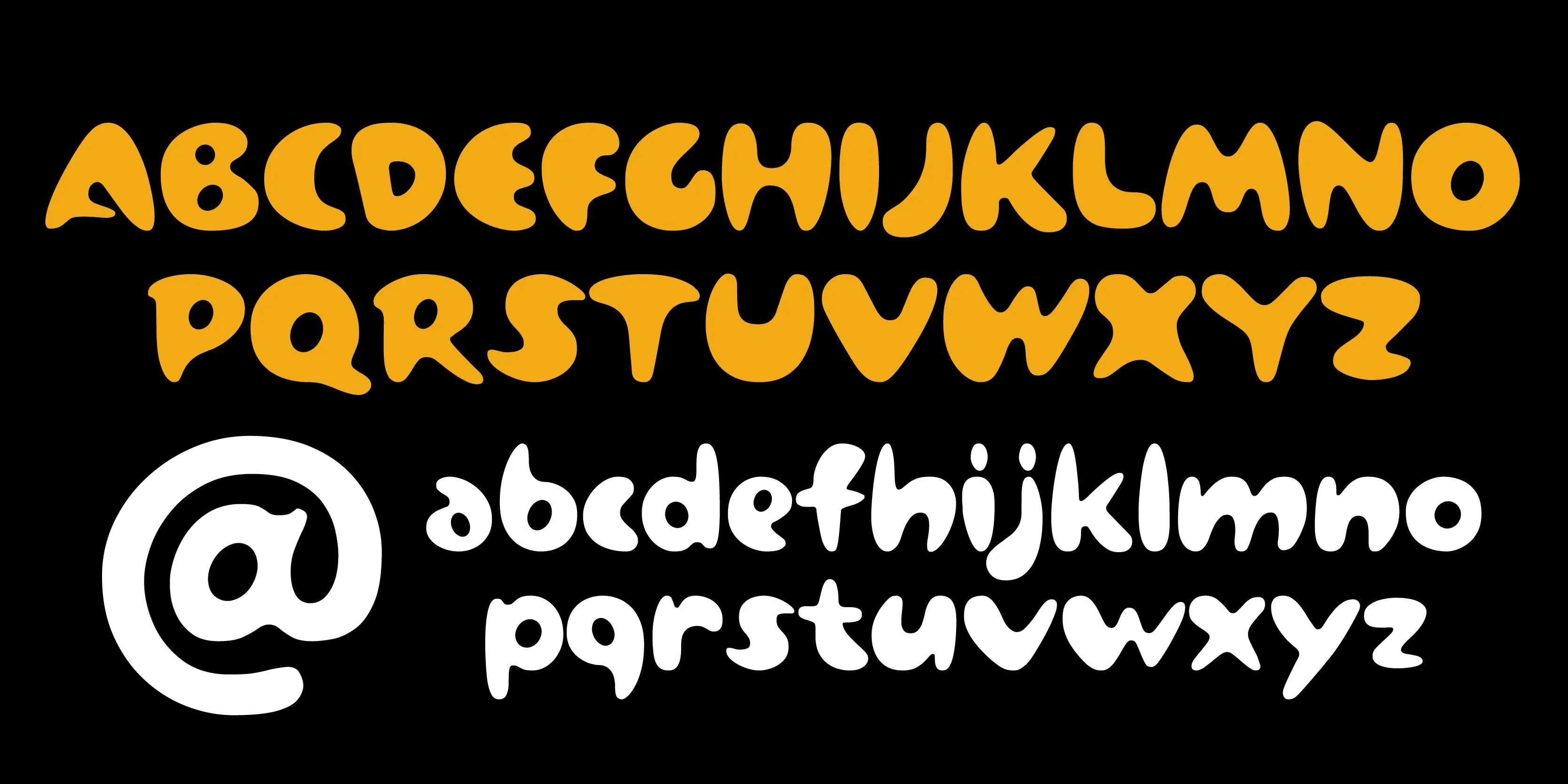 Vidro font by P22 Type Foundry — the uppercase alphabet in yellow and the lowercase alphabet with an at sign in white, all in a soft, fluid, and irregular sans-serif style on a black background