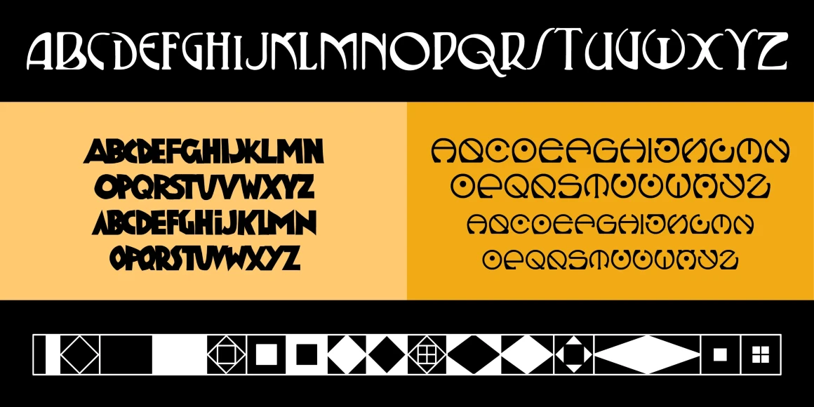 Vienna font by P22 Type Foundry — three distinct sets of stylized Art Nouveau alphabets in white and black on black and yellow backgrounds, above a row of geometric square and diamond patterns
