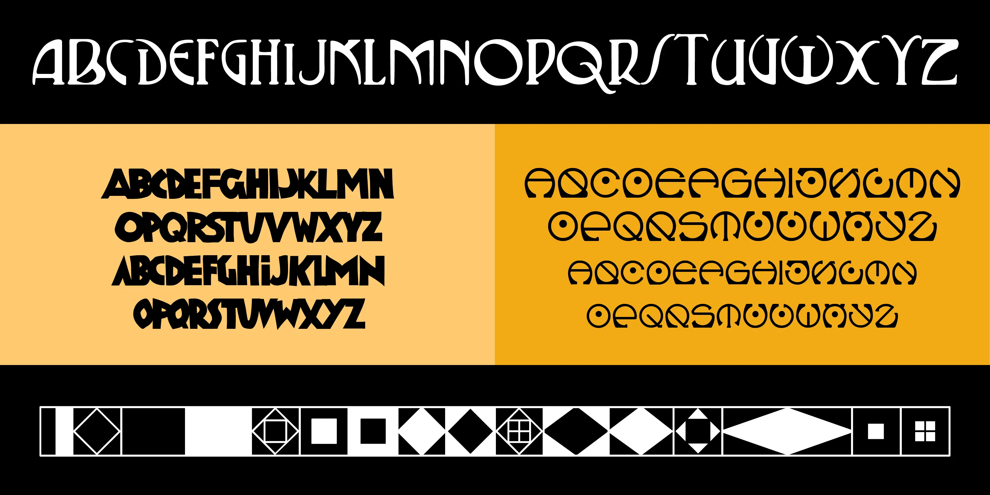 Vienna font by P22 Type Foundry — three distinct sets of stylized Art Nouveau alphabets in white and black on black and yellow backgrounds, above a row of geometric square and diamond patterns
