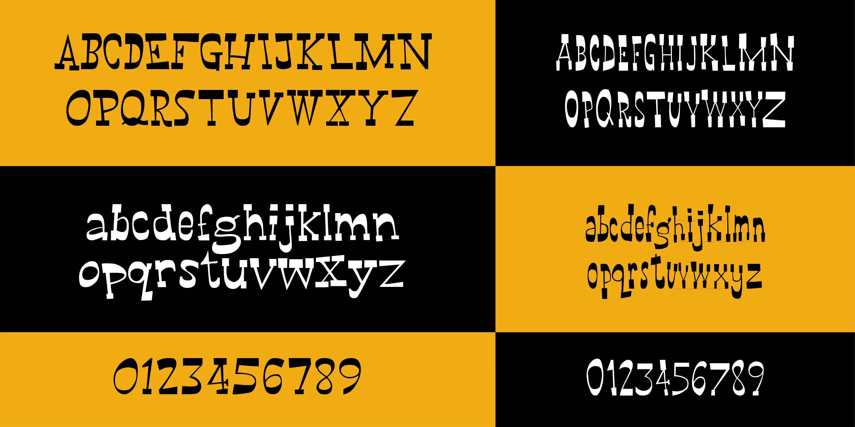 Way Out West font by P22 Type Foundry — a checkerboard pattern of yellow and black blocks displaying uppercase and lowercase alphabets and numbers in a quirky, hand-drawn slab-serif style