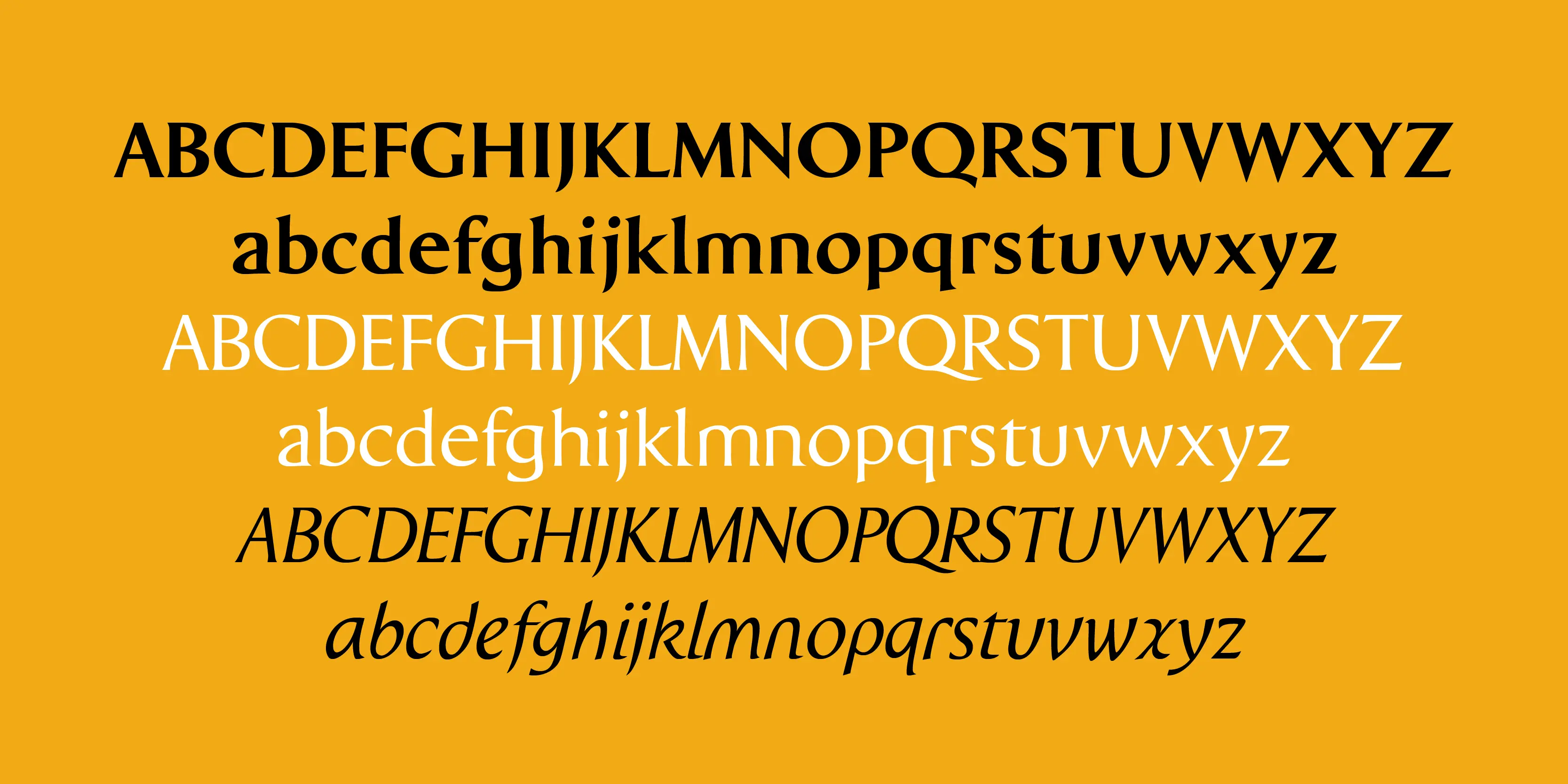 Wedge font by P22 Type Foundry — six stacked lines of the alphabet from A to Z in uppercase and lowercase, showing upright and italic serif letterforms in black and white on a solid yellow background