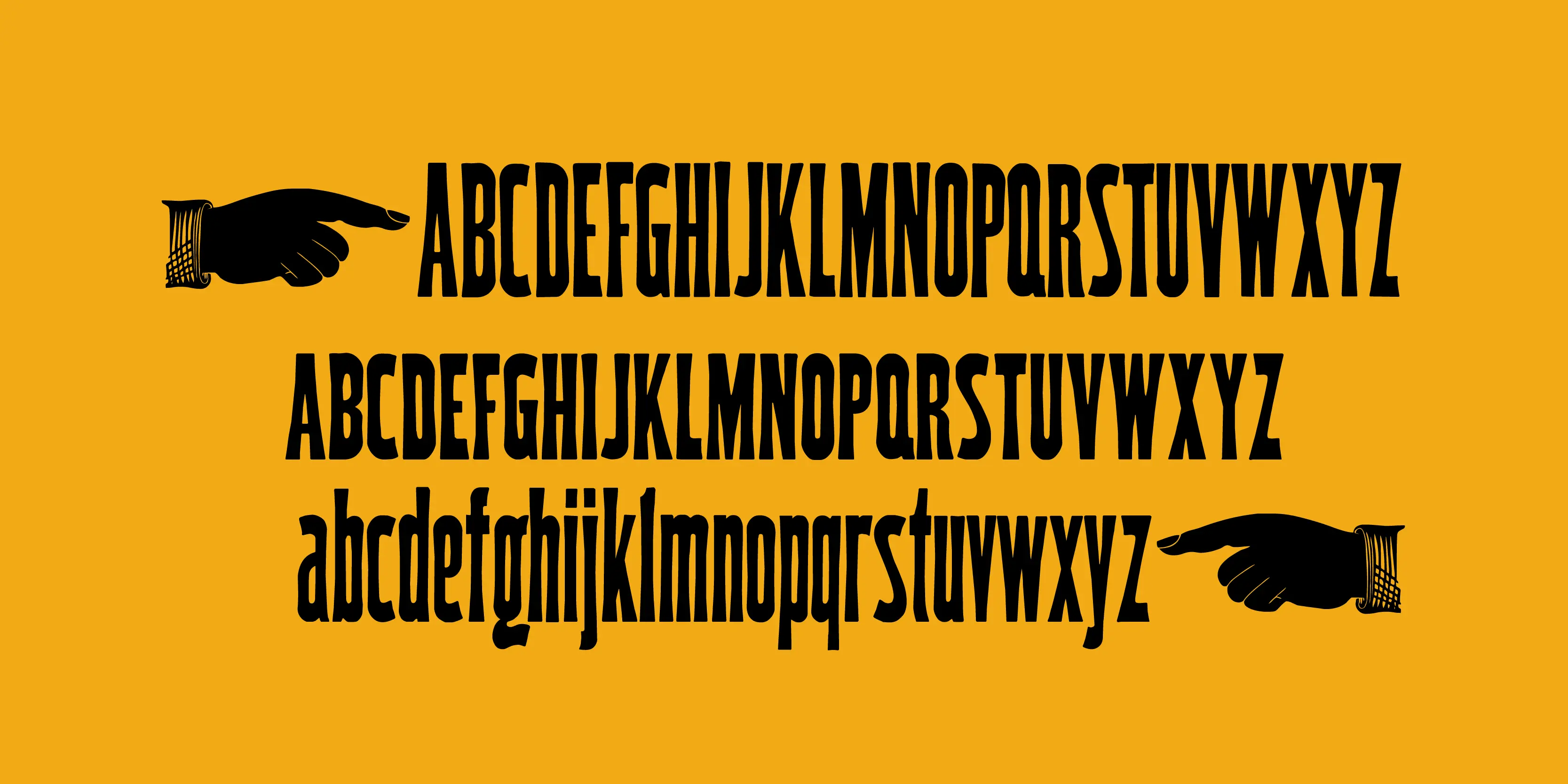 Wood Type font by P22 Type Foundry — the letters A through Z in uppercase and lowercase, set in a condensed Tuscan wood-type style on a yellow background, flanked by two black pointing hand illustrations