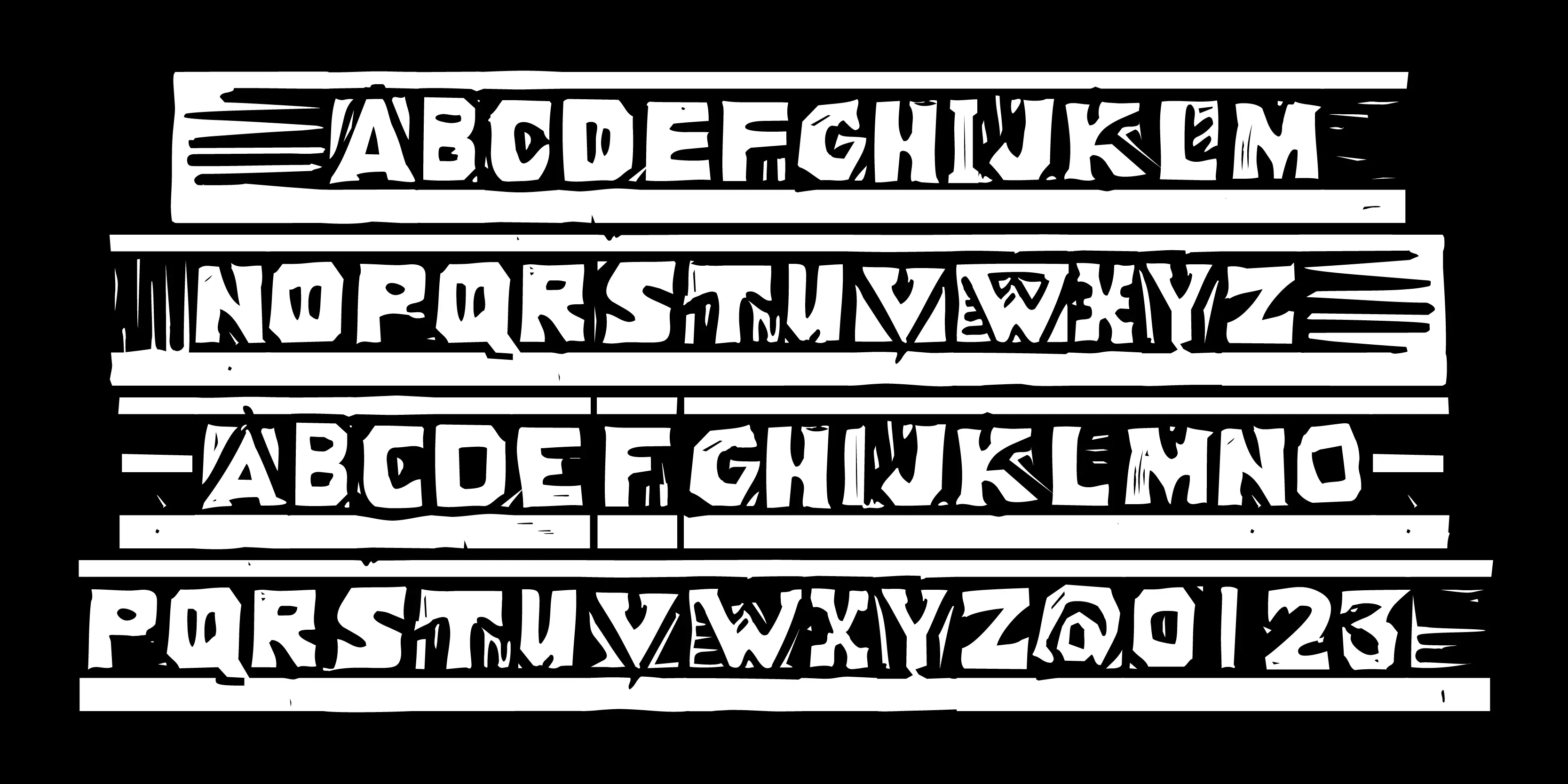 Woodcut font by P22 Type Foundry — the letters A through Z in uppercase, followed by the numbers 0, 1, 2, and 3, rendered in a rugged, hand-carved woodcut style with white letters set inside horizontal block frames on a black background