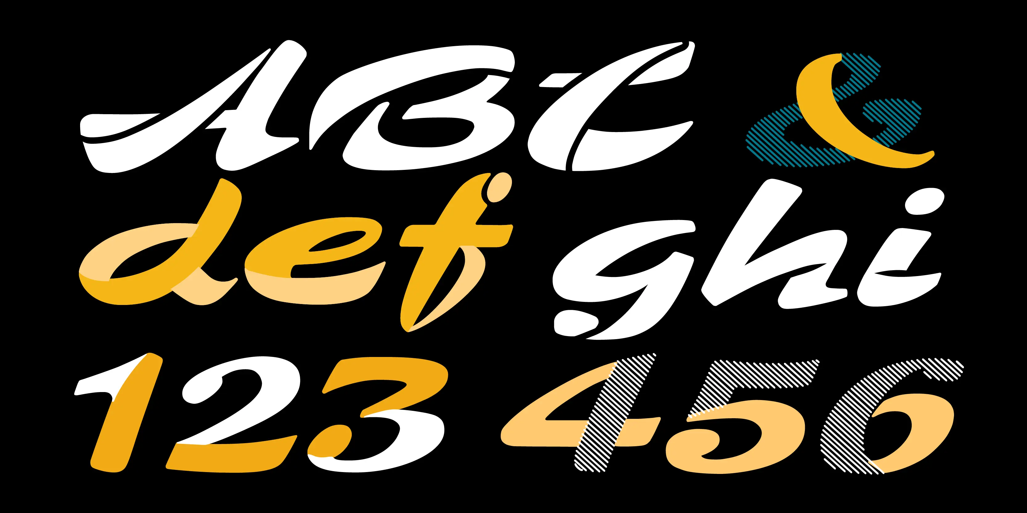 Zebra font by P22 Type Foundry — the letters A, B, C, and an ampersand, above the letters d, e, f, g, h, i, above the numbers 1, 2, 3, 4, 5, 6, in a bold, expressive script style with solid white, solid yellow, and striped teal and black fills on a black background