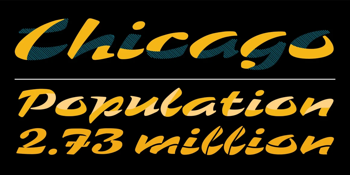 Zebra font by P22 Type Foundry — the words Chicago, Population, and 2.73 million in a bold, expressive script with layered yellow, beige, and blue-striped effects on a black background