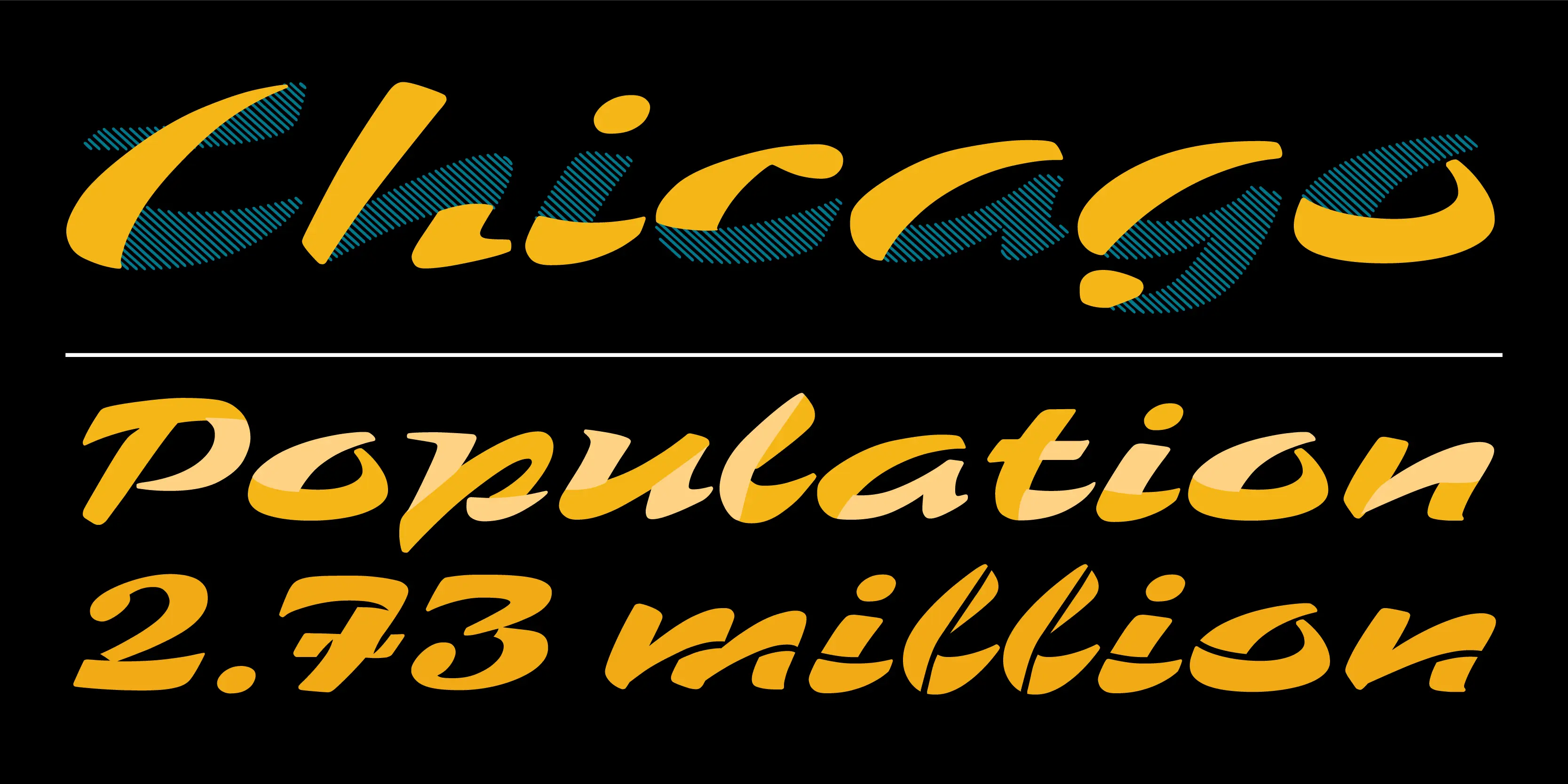 Zebra font by P22 Type Foundry — the words Chicago, Population, and 2.73 million in a bold, expressive script with layered yellow, beige, and blue-striped effects on a black background