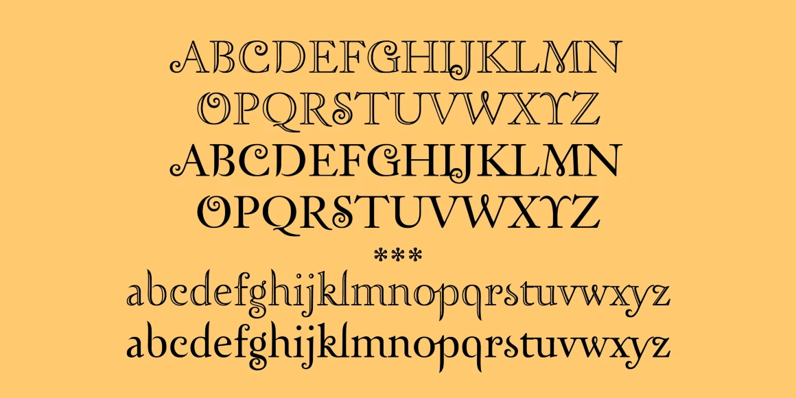 Zephyr font by P22 Type Foundry — the uppercase and lowercase alphabet shown in both inline and solid styles of a sinuous, decorative serif typeface with curly swashes, separated by three small flower-like symbols on a yellow background