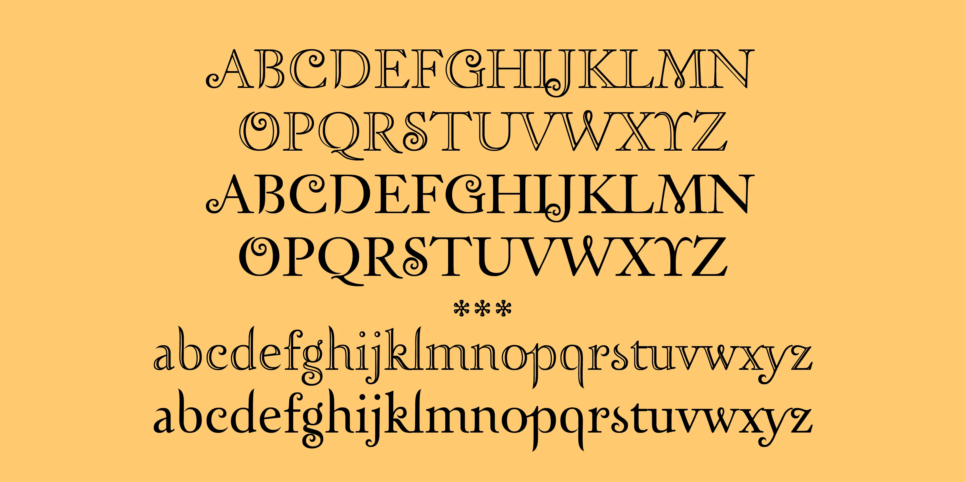 Zephyr font by P22 Type Foundry — the uppercase and lowercase alphabet shown in both inline and solid styles of a sinuous, decorative serif typeface with curly swashes, separated by three small flower-like symbols on a yellow background