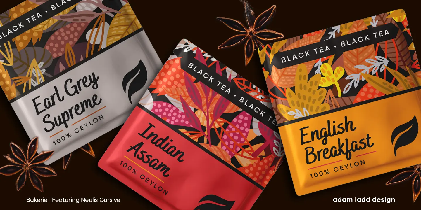 Bakerie font by Adam Ladd Design — three tea packages with colorful leaf patterns and handwritten script labels reading “Earl Grey Supreme,” “Indian Assam,” and “English Breakfast.”