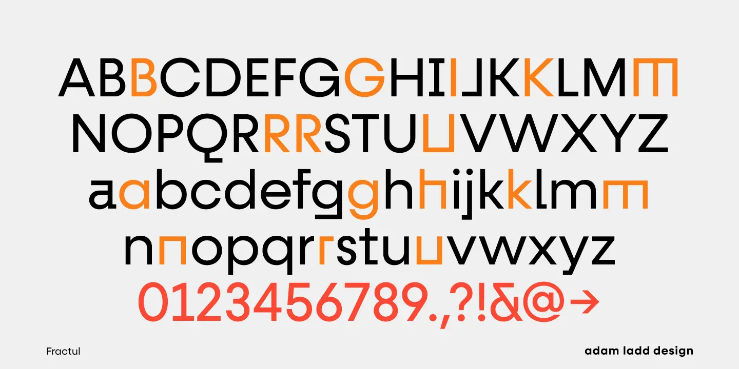 Fractul font by Adam Ladd Design — a specimen of upright sans serif letters and numbers, with some characters in orange and others in black or red