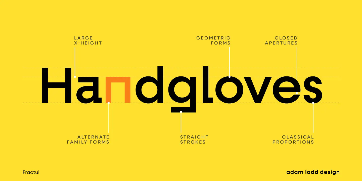 Fractul font by Adam Ladd Design — the word “Handgloves” in a sans serif font, with the letters N and g highlighted in orange, and descriptive labels pointing to different parts of the letters.