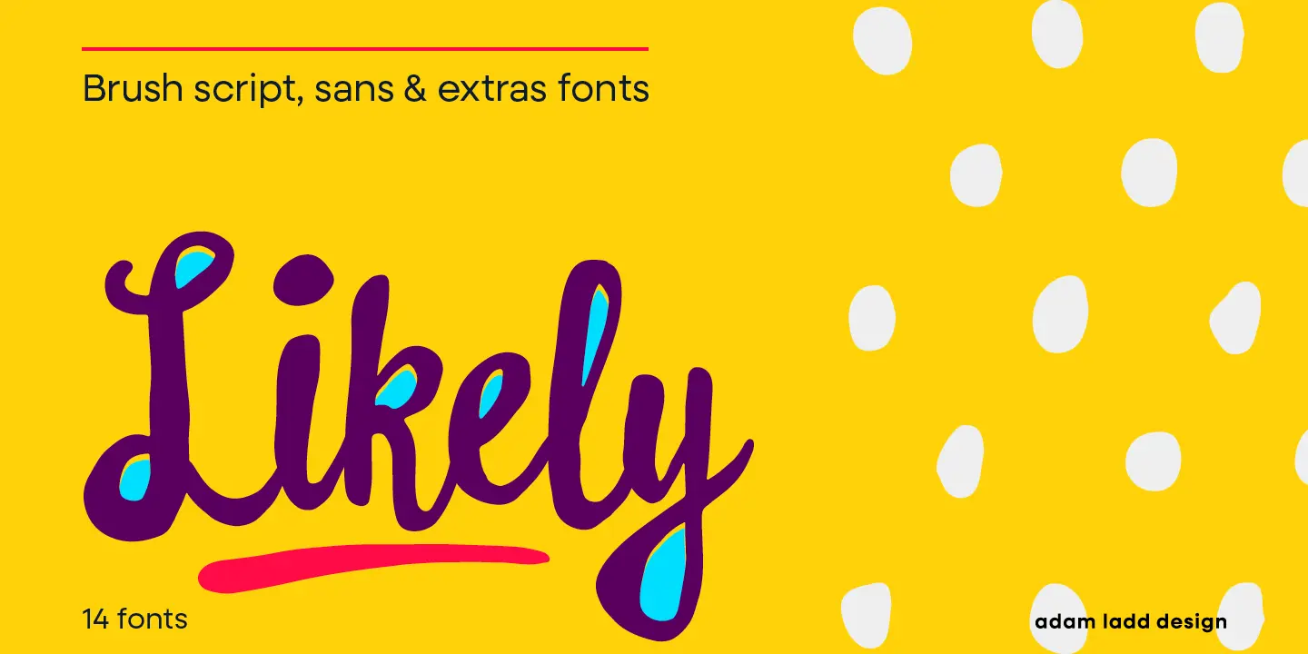 Likely font by Adam Ladd Design — the word “Likely” in a connected brush script with blue counters, the words “Brush script, sans & extras fonts”, and a pattern of white irregular dots
