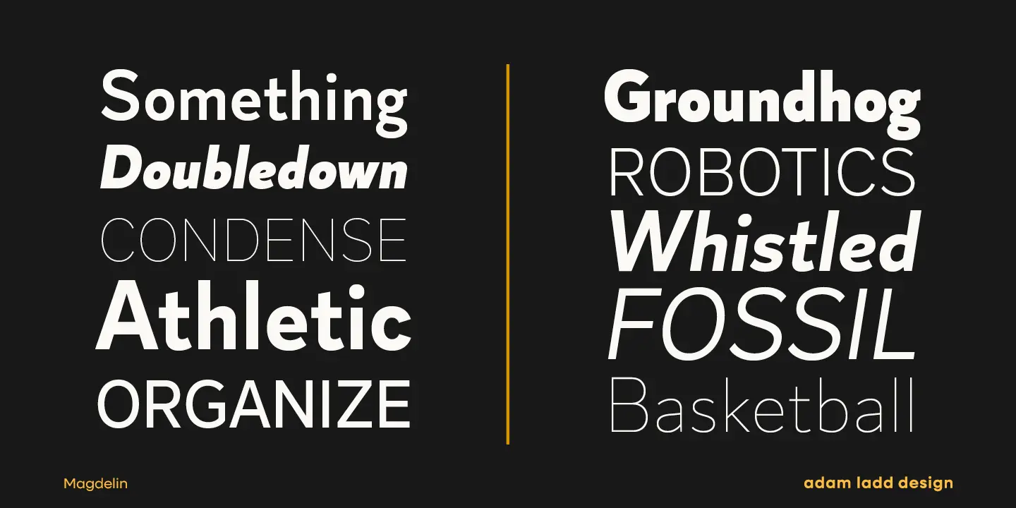 Magdelin font by Adam Ladd Design — a vertical list of words in sans-serif type, some upright and some italic, some bold and some thin, including “Something”, “Doubledown”, “Condense”, “Athletic”, “Organize”, “Groundhog”, “Robotics”, “Whistled”, “Fossil”, and “Basketball”