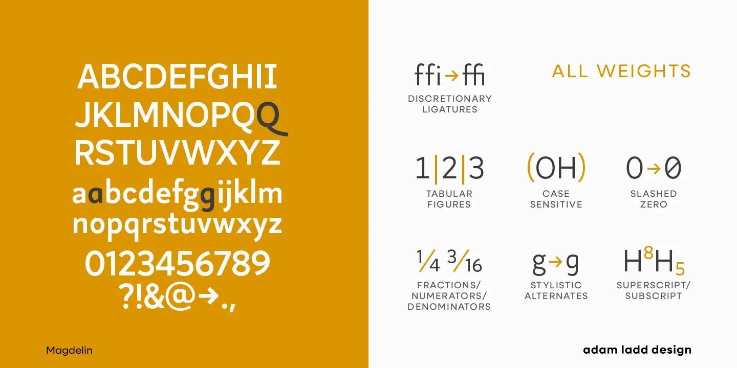 Magdelin font by Adam Ladd Design — a sans-serif alphabet in upright white letters on an orange background, with a dark ‘Q’, ‘a’, and ‘g’, and a grid of six typographic feature examples on a white background.